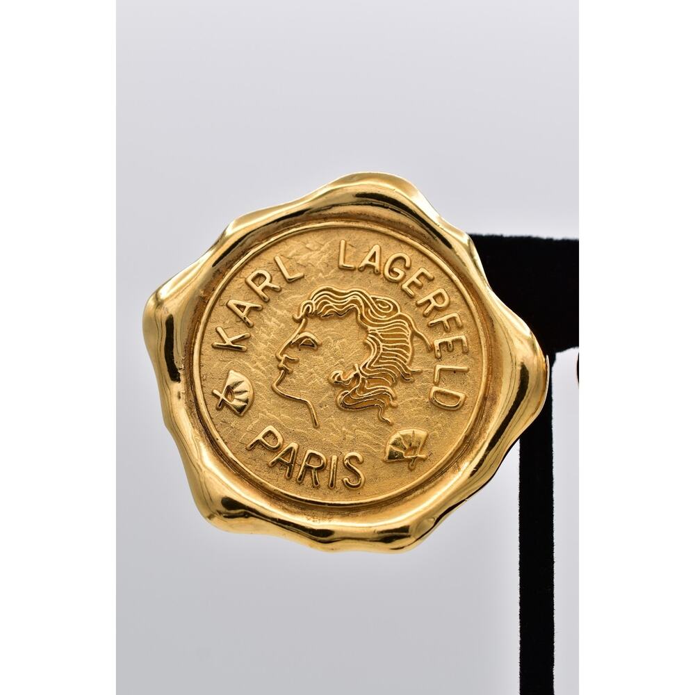 Karl Lagerfeld Vintage Logo Seal Clip On Earrings Paris Medallion Gold 80s Bin5 - Picture 7 of 12